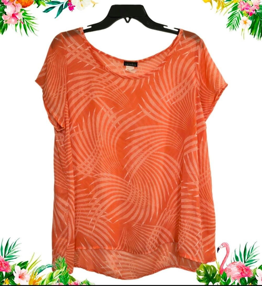 Zenobia Coral Orange Sheer Palm Leaf Tropical Top XL